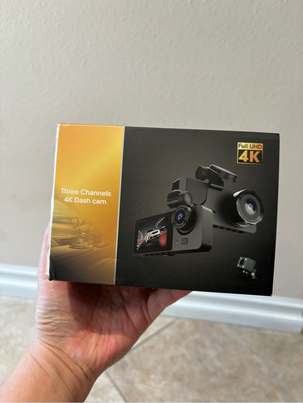 Open box Three Channels 4K Dash cam with memory card.